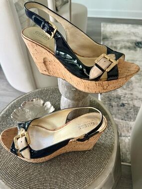 GUESS Black Patent and Cork Wedge Sandals with Gold Buckle